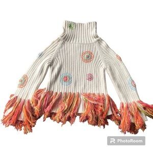 One kid Bohemian cream, orange,pink,blue & green sweater w/fringe size 6x